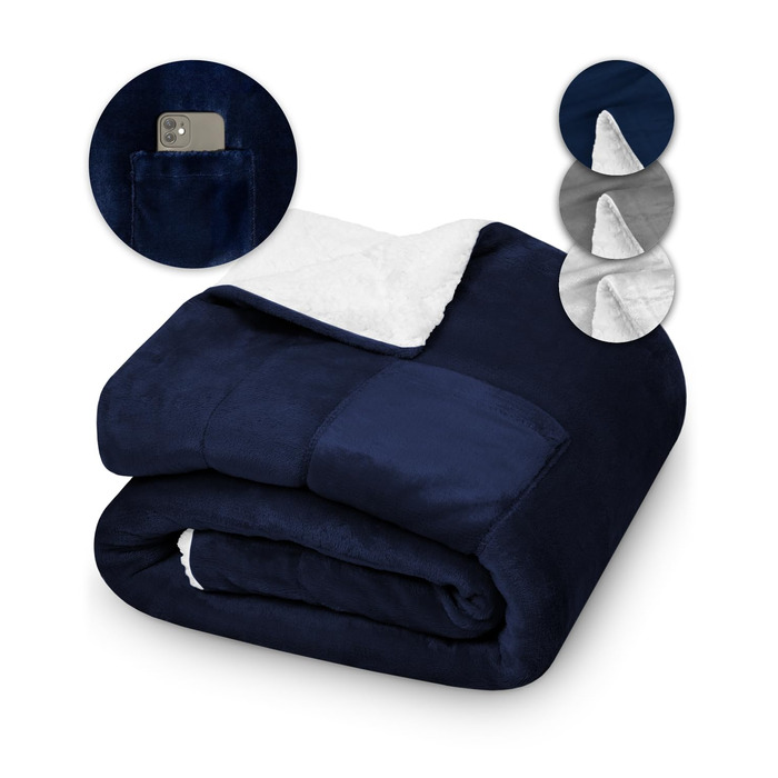 Пухова ковдра KAMI 150x200 см - тепла та м'яка ковдра з Sherpa для вітальні, дивану, ліжка. З кишенею для телефону та захистом від бруду. Велика, тепла зимова ковдра (Королівський синій)