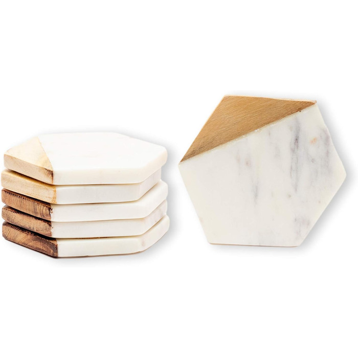 GoCraft Coasters made of marble and mango wood, handcrafted, geometric, white. Marble coasters for drinks, wine glasses, beverages, cocktails, and bar glassware. Elegant home decor (Set of 6)