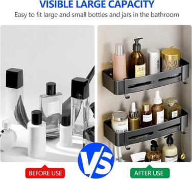 Nchdewui Shower Shelf, 2-Pack, Shower Rack with 2 Hooks for Bathroom, Kitchen, Toilet, Aluminum, Matte Black 2 Black