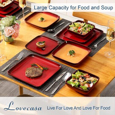 LOVECASA Сервіз Tafelservice Vibri, 16 частин, квадратний сервіз з кераміки для 4 осіб | Тарілки, чашки, десертні тарілки та миски, (Червоний, 16 частин)