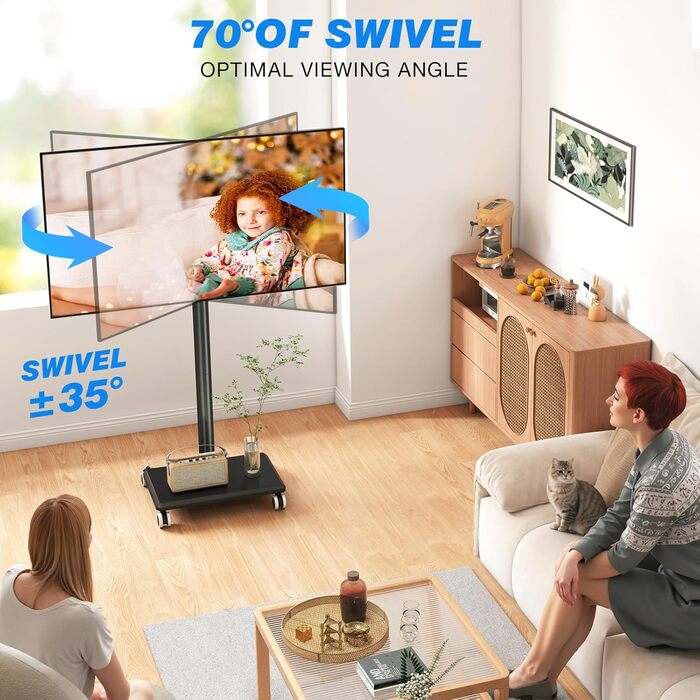 Мобільна підставка для телевізора з поличкою 27-60 дюймів, чорна. Регульована висота, поворотний механізм, VESA 400x400, до 40 кг