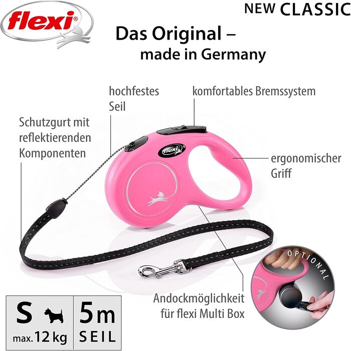 Рулетка для собак Flexi Classic S, 5 м, рожева (до 12 кг)