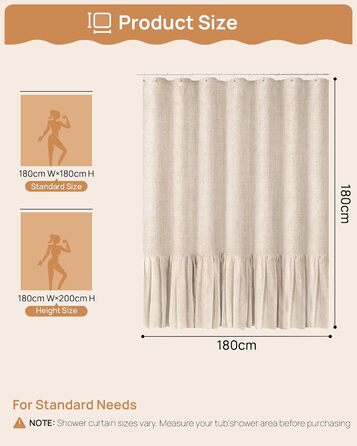 Штора для душу 180x180 см Бежева, Льняна текстура - Водонепроникна, з обтяженим краєм, 12 кілець, для ванної кімнати