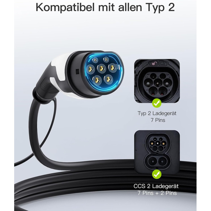 Кабель зарядки Tomons Typ 2 (32A, 22kW, 5м) для електромобілів (EV/PHEV) з тримачем та мікрофіброю. Сумісний з Model S/3/X/Y, ID.3, ID.4