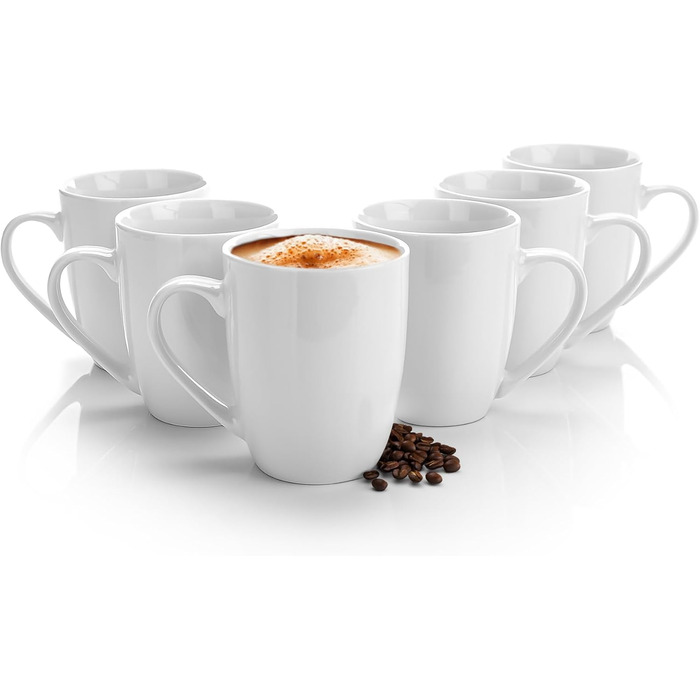 Набір кавових чашок BigDean 6 шт. 300 мл з якісного фарфору, білі, з ручкою, для розмальовування, стійкі до подряпин та ударів, придатні для миття в посудомийній машині