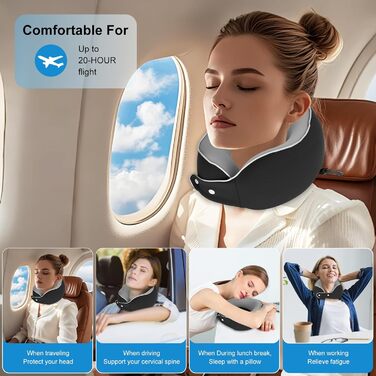 Ортопедична подушка для шиї з memory foam - підтримка 360°, для подорожей (літак, авто, поїзд), знімний плюшевий чохол, у комплекті: чохол для перенесення, навушники та маска для сну