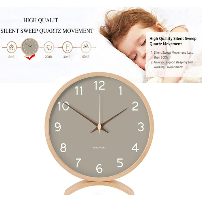 Maxspace Table Clock Analog, 21cm Wood Battery-Powered, Silent (No Ticking) for Bedroom Office Living Room Decor Modern