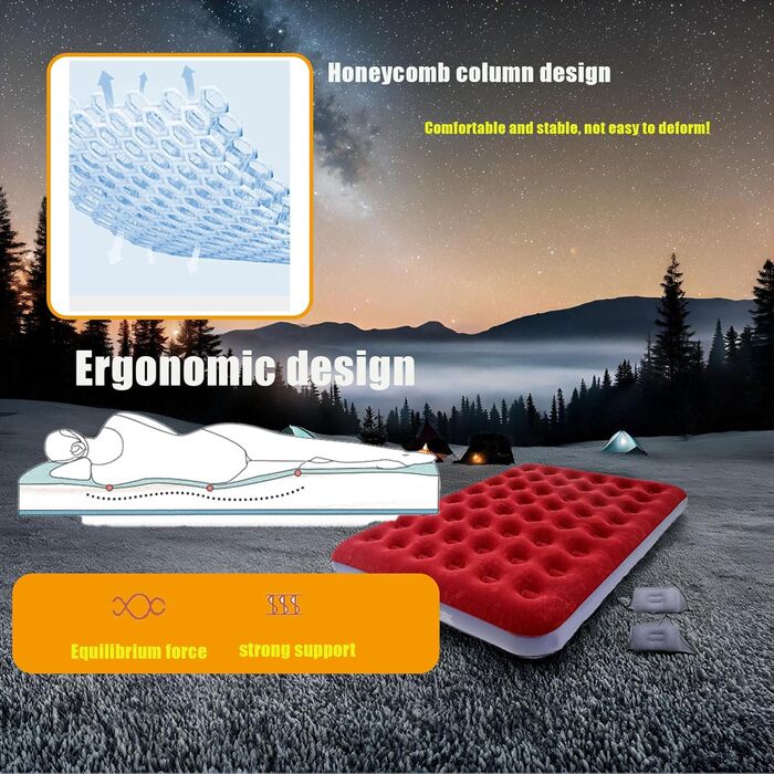 Надувне ліжко Icelus Doppel 204x153x23 см з насосом. Ліжко для кемпінгу, подорожей та дому. Червоне надувне ліжко з насосом