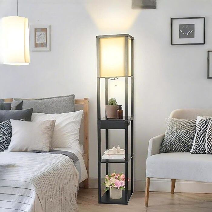 Стельова лампа YU YUSING з полицями, 1.6м, LED, E27, для вітальні, спальні, офісу (білий/чорний з шухлядою)