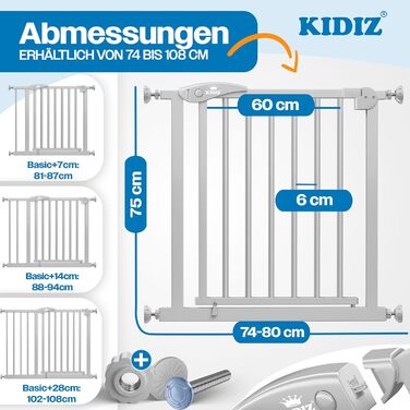 Захист для сходів KIDIZ без свердління | Ширина: 74-80 см, висота 75 см | Захист від падіння для дітей та собак | Одноручний відкривання, система Open-Stop 90°, сірий