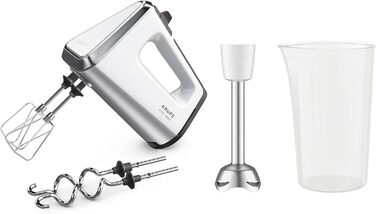 Krups GN9121 3 Mix 9000 Hand Mixer | 750 Watt | Speed Control | Turbo Mode | Ejection Function | Ergonomic Handle | Includes Whisk, Dough Hooks, Immersion Blender Attachment, Measuring Cup | White/Silver White/Silver Single