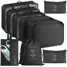 Органайзер для валізи, набір 10 шт: пакувальні куби, водонепроникні мішки для одягу, взуття, косметики, аксесуарів. Чорний колір.