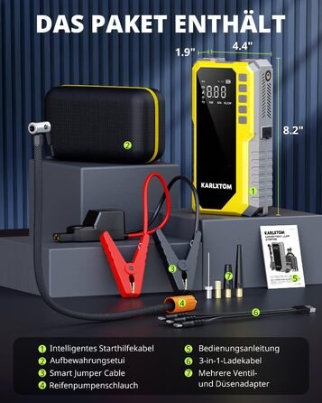 Powerbank для авто Karlxtom з компресором 190PSI, 88Wh, 4500A, LED-ліхтар, LCD-дисплей, для бензинових та дизельних двигунів (до 10L)