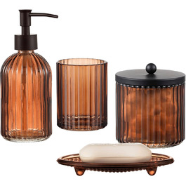4-Piece Heavy Glass Bathroom Accessories Set with Decorative Embossed Pattern – Includes Soap Dispenser, Cup, Soap Dish, and Toothbrush Holder (brown)