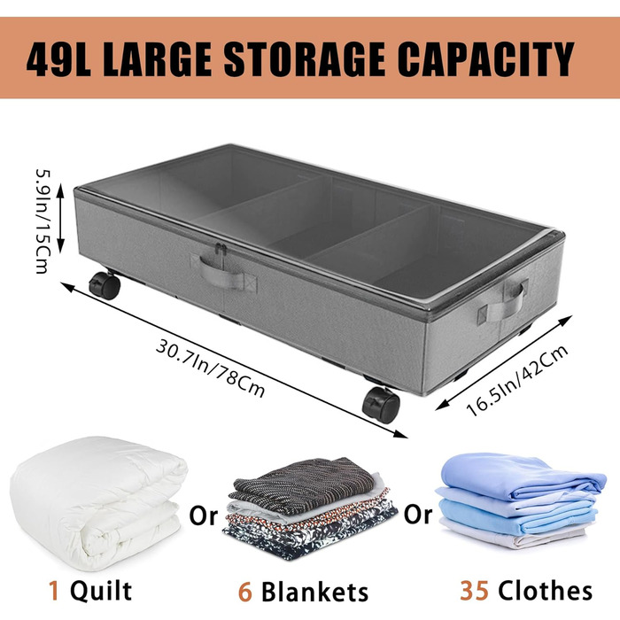 Короб для зберігання під ліжком 49л, 2 шт. з кришкою та роликами, сірий