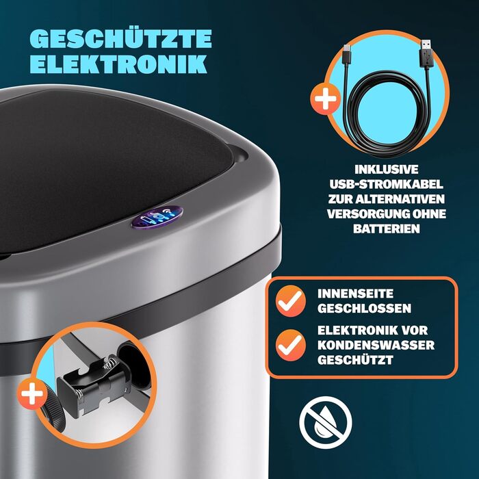 Monzana Sensor Trash Can - 58L Automatic Kitchen Waste Bin with Motion Sensor, Soft-Close Lid, Waterproof, Smart USB Rechargeable - Silver