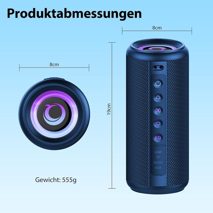 Bluetooth колонка 2026 з RGB підсвіткою, портативна водонепроникна (IPX7) колонка Bluetooth 5.4 з мікрофоном для подорожей, саду та активного відпочинку (Синій)