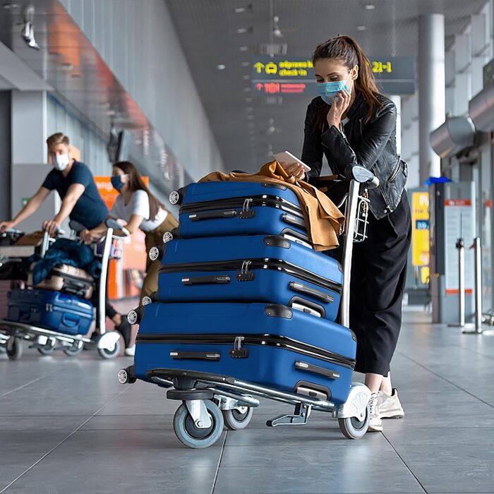 Набір валіз LALAHO 3/4: дорожній набір з косметичкою, валізи з ABS, ручна поклажа, рожеве золото (темно-синій)