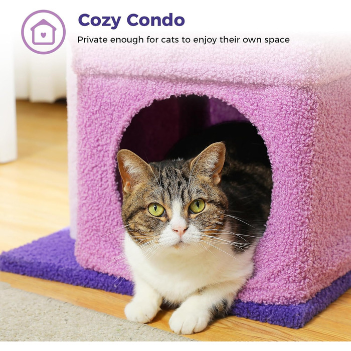 PAWZ Road Cat Tree, Multi-Tier Cat Tower with Sisal-Covered Scratching Post, Cozy Cat Condo, and Large Cat Perch for House Cats, (Purple)