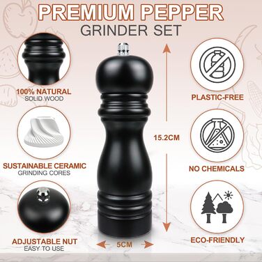 Набір з 2 дерев'яних мельниць для солі та перцю з регульованим млинком, великі, керамічні, ручні для морської солі, чилі, чорного та білого перцю