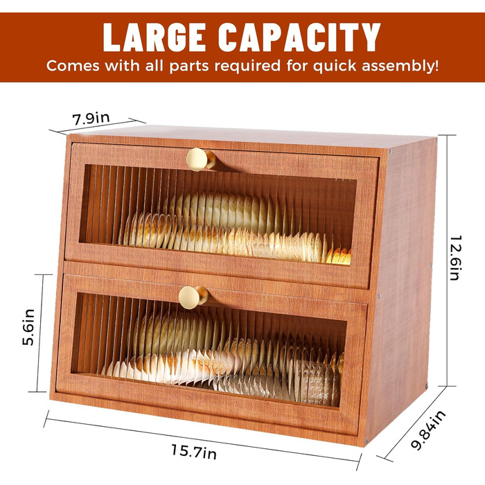 Дерев'яний хлібниця великого об'єму, 2-ярусний, для кухні, стиль хата, з акриловим вікном (колір: коричневий)