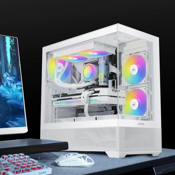 Корпус ПК SAMA V40 Mid-Tower ATX з 6 вентиляторами 120 мм ARGB PWM, подвійні панелі з загартованого скла, Dual Chamber, USB 3.1 Type-C, підтримка ATX/mATX/ITX GPU, білий колір