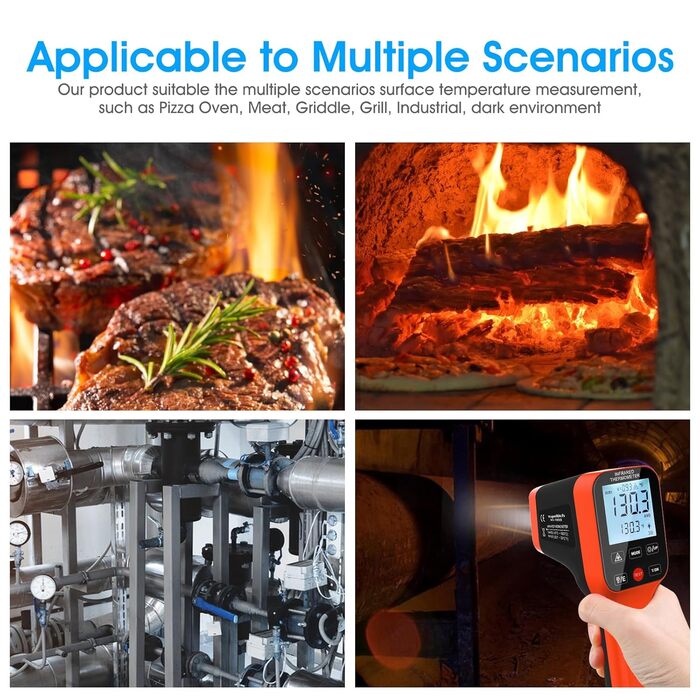 Інфрачервоний термометр WapoRich Pyrometer -50~1600°C, DS 30:1 з подвійним лазером, цифровий, перезаряджається, для піци, печей, промисловості, HVAC. Модель RQ-1600