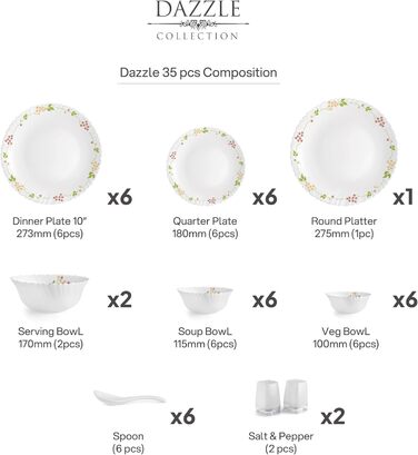 Cello Opalware Dazzle Серія Secret Garden: Набір посуду на 35 позицій | Столовий сервіс з опалу | Білий посуд для 6 осіб