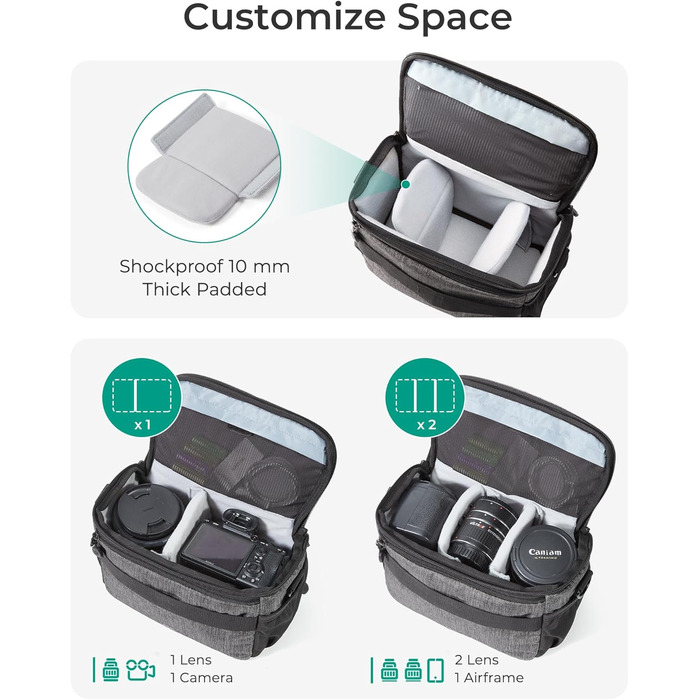 Сумка для камери Bagsmart: DSLR, SLR, System Camera, Об'єктиви та Аксесуари (Сіра)