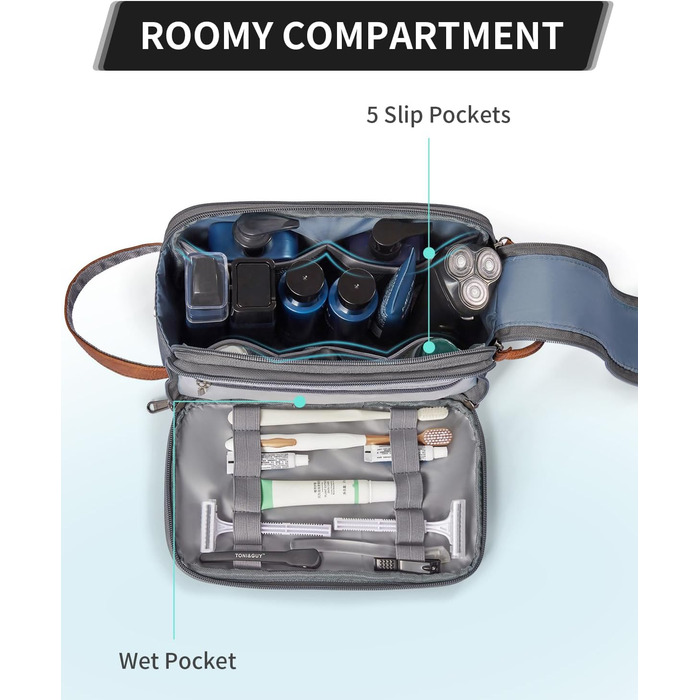 Чоловіча дорожня косметичка Ecohub, водонепроникна, з відділенням для мокрого одягу, з ремінцями, з перероблених матеріалів, з подвійною блискавкою (Синьо-зелений, Сірий)