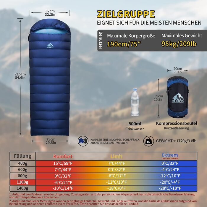 Спальний мішок зимовий, теплий та легкий для дорослих та дітей, 680FP+, для походів, альпінізму, кемпінгу. Чорний 0°C (Блакитний -6°C)