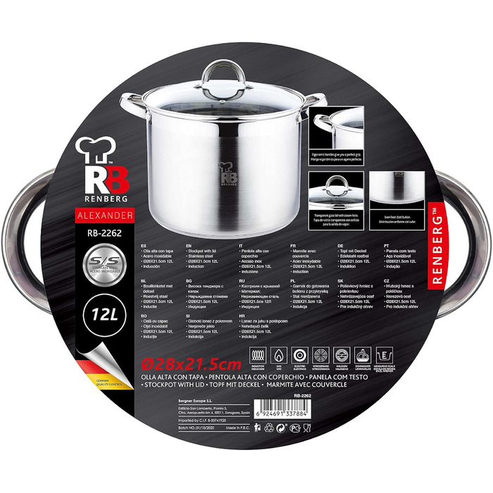 Каструля Renberg Alexander 12 л з нержавіючої сталі 28x21,5 см з кришкою, 5-шаровим дном, мірною шкалою, для всіх типів плит