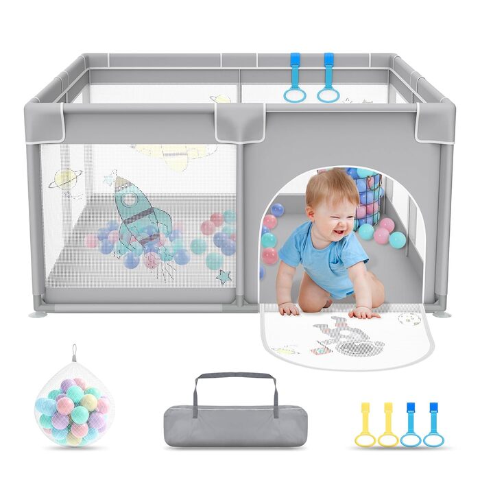 UISEBRT Baby Playpen 127x127cm Playard for Baby with 50 Ocean Balls & 4 Pull Rings & Carry Bag, Foldable Playpen Tent with Breathable Mesh for Kids, Blue with Animal Motifs 127x127x68cm Blue with Animal Motifs