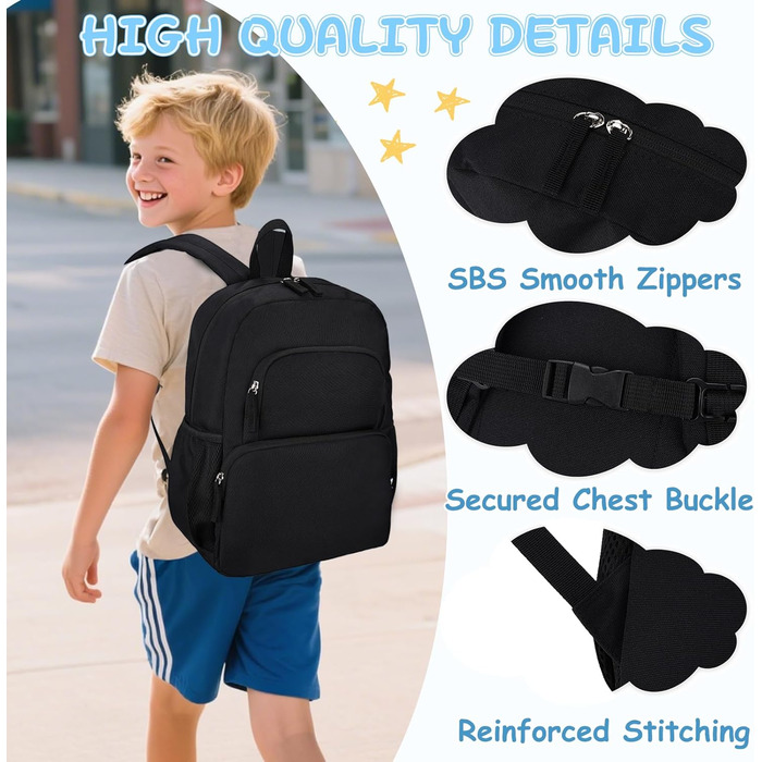 Дитячий рюкзак RAVUO для дівчаток та хлопчиків, шкільний рюкзак з нагрудним ременем, рюкзак для дітей 3-8 років (Чорний)