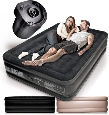 Надувне ліжко Aerios для 2 осіб з самонадувною системою | Преміум гостьове ліжко без кабелю живлення з інтегрованим USB-C насосом | Надувне ліжко, вибір розміру (Чорний, двоспальне)