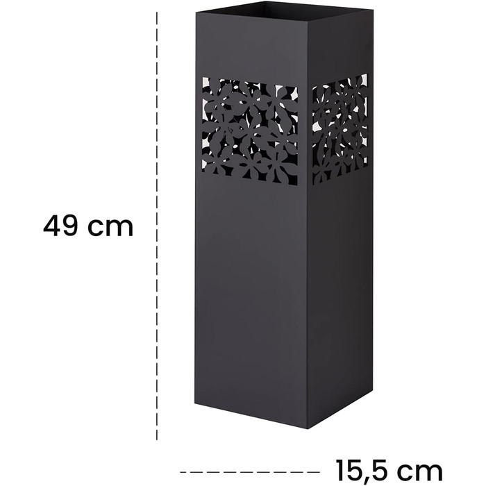 Підставка для парасольки Baroni Home квадратна металева з різьбленням, 2 гачки, знімна миска, чорна, 15,5x15,5x49 см