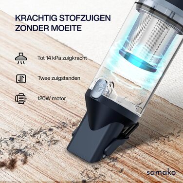 Samako Акумуляторний пилосос NanoDetect Pro 13.5 кПа з LED-дисплеєм, ультралегкий (0.85 кг), HEPA-фільтр, для дому, авто та дивана, 120 Вт