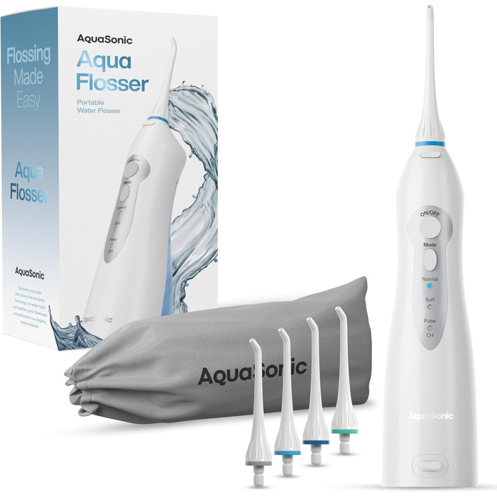 Aquasonic Aqua Flosser: професійний бездротовий ірigator для порожнини рота з 4 насадками, 3 режими, портативний (білий)