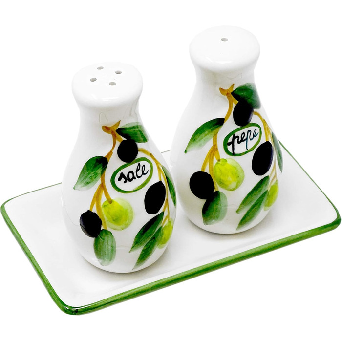 Handmade salt and pepper shaker set from Italian ceramic, 3-piece in olive green design with tray, size 14x8 cm
