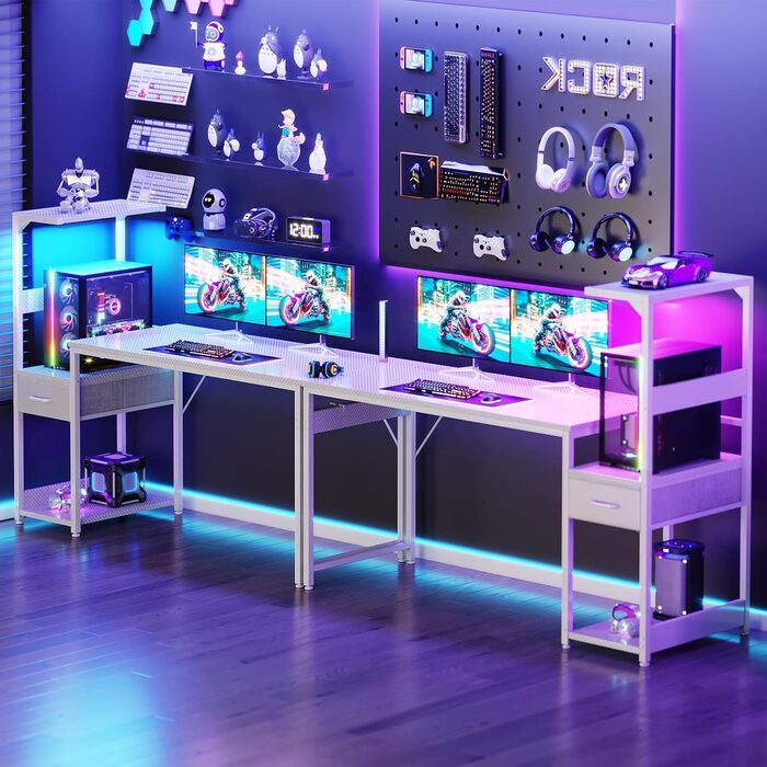 Ігровий стіл Coleshome з LED-підсвічуванням, стіл для комп'ютера з ящиками та полицею, обертовий стіл з тримачем для навушників (білий карбон, 138×48 см)