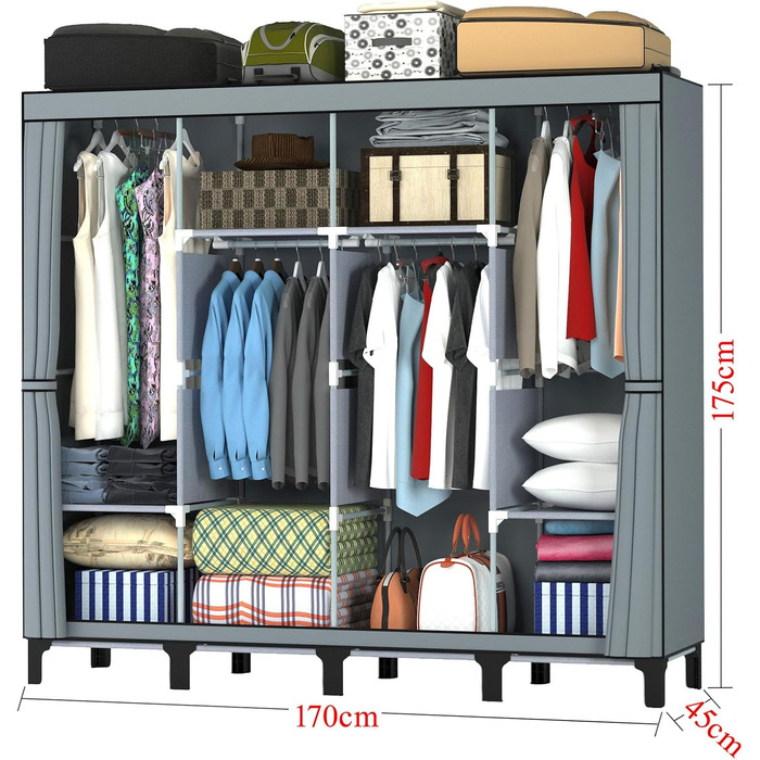 LOEFME Wardrobe 170 * 175 * 45cm, Fabric Wardrobe for Bedroom, Fabric Clothes Closet, Fabric Wardrobe with 2 Hanging Rails