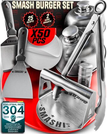 Набір для приготування Smash Burger SMASHI® з нержавіючої сталі 304 – професійний набір з антипригарною пресом, лопаткою для гриля та бургер-дзвоном – з рецептами (Supreme)