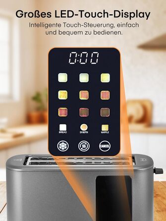 Тостер на 4 підсмажувальні слоти, 1400W, нержавіюча сталь, довгі слоти, 9 режимів підсмажування, 3 види хліба, функція відключення, розморожування та підігріву, сенсорне керування, з насадкою для бутербродів (сірий)