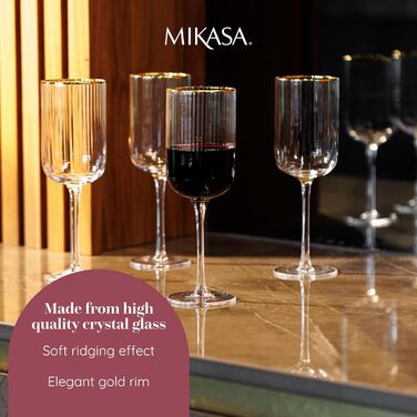 Кришталеві келихи MIKASA Sorrento для червоного вина з золотим обідком, 375 мл, набір 4 шт, без свинцю, прозорі, елегантні, класичний дизайн для свят, 31.2 x 7.8 x 23 см