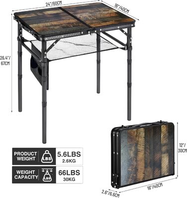 REDCAMP Складаний столик з регулюванням висоти, легкий портативний туристичний столик 60x40 см (4 положення) з сітчастою поверхнею, для дому та відпочинку на природі, балкона, ринку, кухні, темно-коричневий (під дереву, 60*40 см, 4 висоти)