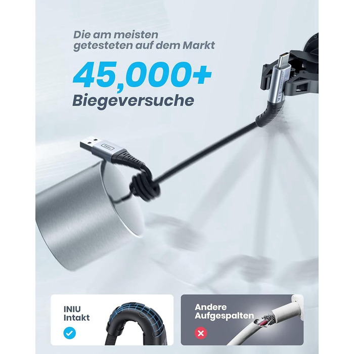 Кабель USB-C INIU, 3 шт. (2м+2м+0,5м), 3.1A, з LED-підсвічуванням, нейлон, для Samsung, iPhone, Pixel, iPad, MacBook