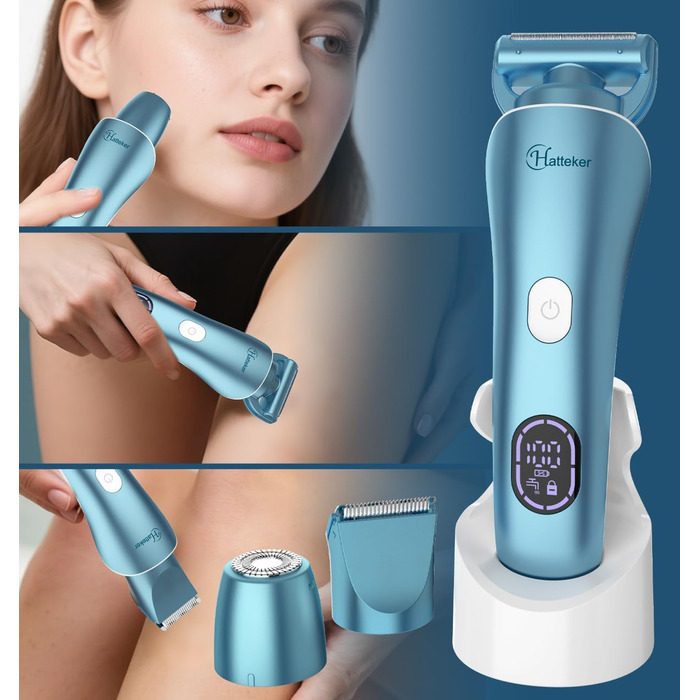 Електричний епілятор Hatteker 3-в-1 для жінок: тример, брітор та епілятор. З LED-дисплеєм, IPX7, USB-зарядка (Блакитний)