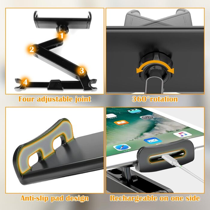 Тримач для планшета в авто: кріплення на підголівник, 360° обертання, сумісний з iPad, Switch, Kindle (4.7-13 дюймів), чорний