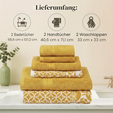 Набір рушників Modern Threads Trefoil Filigran (6 шт.), 100% бавовна, жакардовий двосторонній дизайн, гігроскопічні та м'які, колір Gold Medium White з синьо-зеленим візерунком