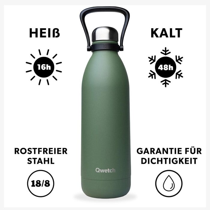 QWETCH 1.5L Stainless Steel Thermos Flask - Khaki Titan - 48h Cold & 16h Hot - Leakproof & BPA-Free Insulated Water Bottle with Handle - 1500ml - Perfect for Camping, Picnics & Family